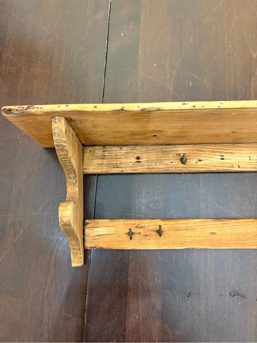 Rustic Wooden Wall Shelf with Hooks in Natural Wood